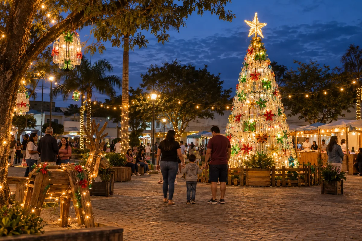 Ilustração por IA: Ilustração fotorealista horizontal em formato 3:2, com uma praça ao entardecer, árvore natalina e enfeites feitos de garrafas reutilizadas, luzes acolhedoras e pessoas próximas a barracas de alimentação. A cena é imaginada e não reproduz o local exato nem uma edição real do evento.