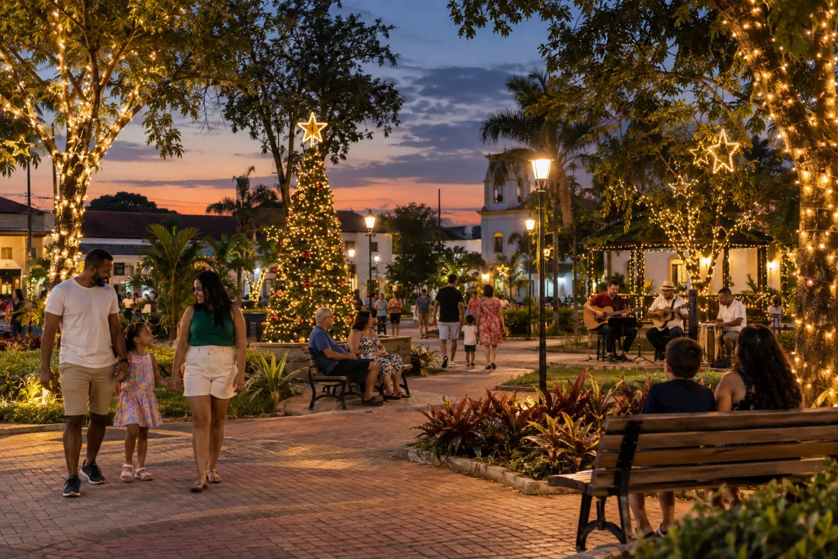 Ilustração por IA: Ilustração fotorealista horizontal em formato 3:2 de uma praça imaginária ao entardecer, com árvores iluminadas, decoração natalina, famílias passeando e músicos tocando. A cena foi gerada por IA e não retrata uma praça específica nem documenta uma edição do evento.