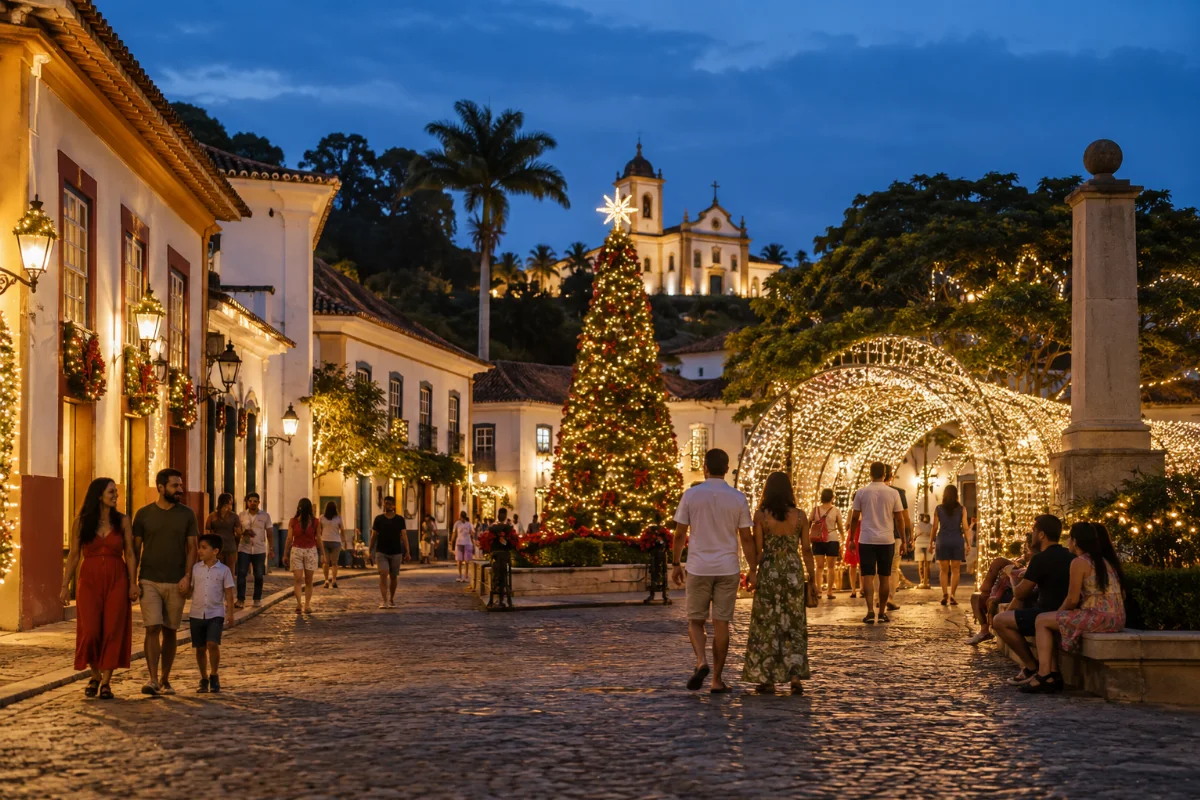 Ilustração por IA: Ilustração fotorealista em formato paisagem 3:2, com visitantes passeando ao entardecer entre casario histórico, árvore natalina e túnel de luzes. Cena imaginada inspirada no evento, gerada por IA, sem representar um local exato ou registrar uma edição real.