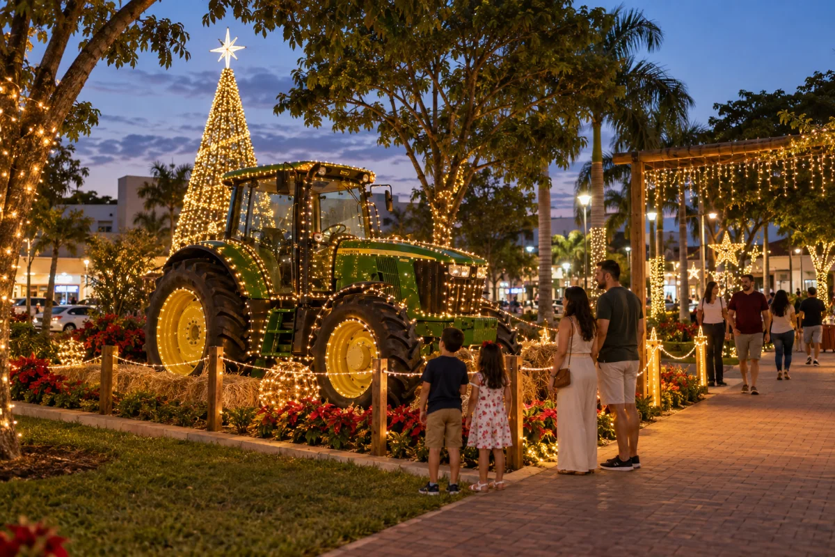Ilustração por IA: Ilustração fotorealista horizontal em formato 3:2, com um trator decorado por luzes natalinas, árvore de Natal e famílias em uma praça arborizada ao entardecer. A cena é imaginada e não representa um registro de uma edição específica do evento.