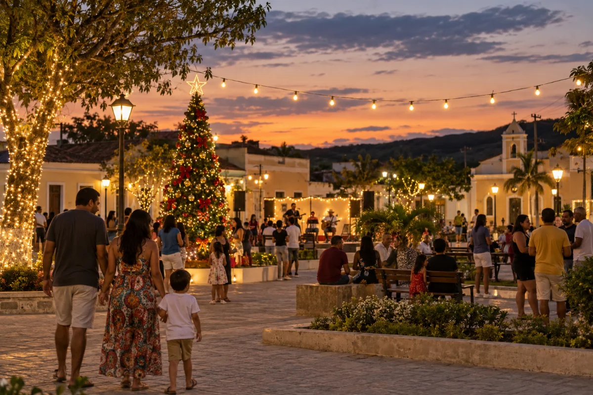 Ilustração por IA: Ilustração fotorrealista em formato horizontal 3:2 de uma praça imaginada no Sertão paraibano ao entardecer, com luzes natalinas, árvore decorada, famílias e uma apresentação musical ao fundo. A cena gerada por IA não representa um local exato nem documenta uma edição do evento.