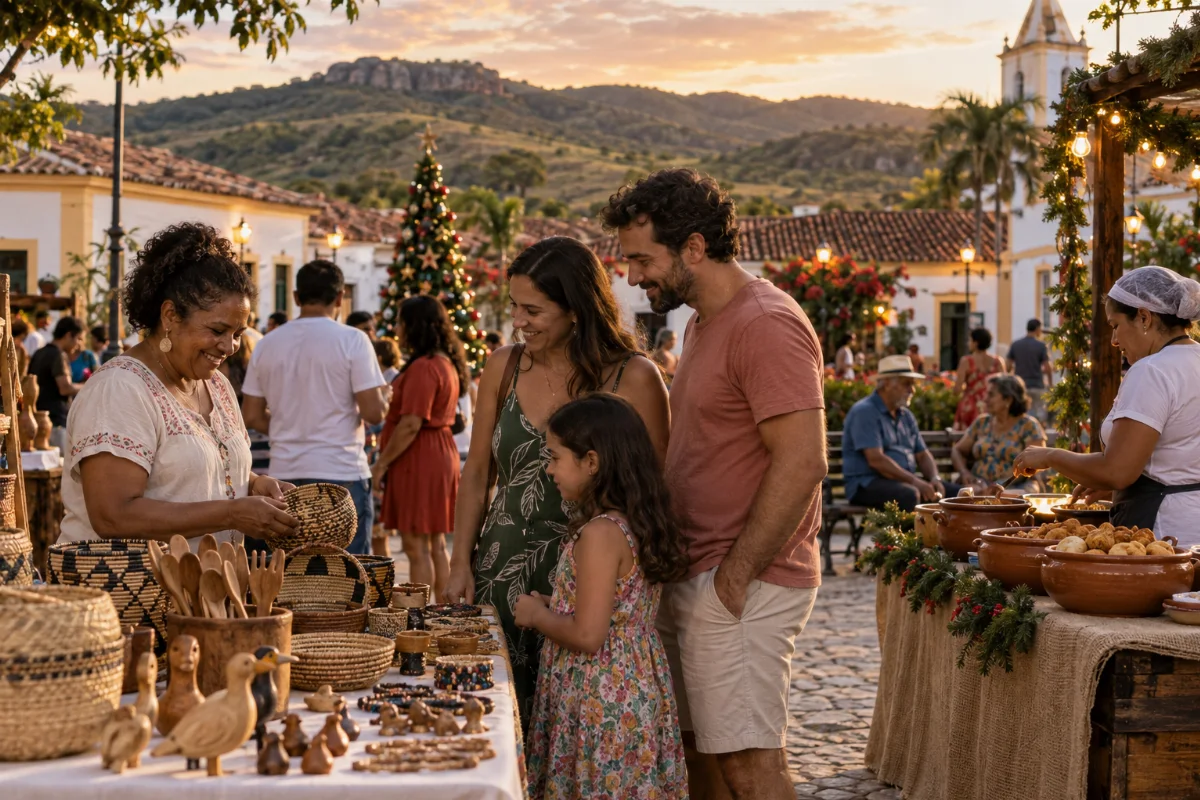 Ilustração por IA: Ilustração fotorealista horizontal em formato 3:2, com famílias visitando bancas de artesanato e comida em uma praça imaginada, decorada para o Natal. A luz do fim da tarde ilumina as pessoas, as construções e a paisagem serrana ao fundo, sem representar um local exato ou registrar uma edição real do evento.