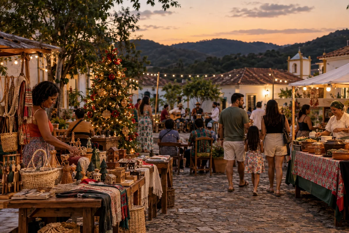Ilustração por IA: Ilustração fotorrealista em formato horizontal 3:2, com luz de fim de tarde, colinas ao fundo, decoração natalina, bancas de artesanato e comida, famílias e músicos. A cena é imaginada e não representa um local específico nem um registro da edição real.