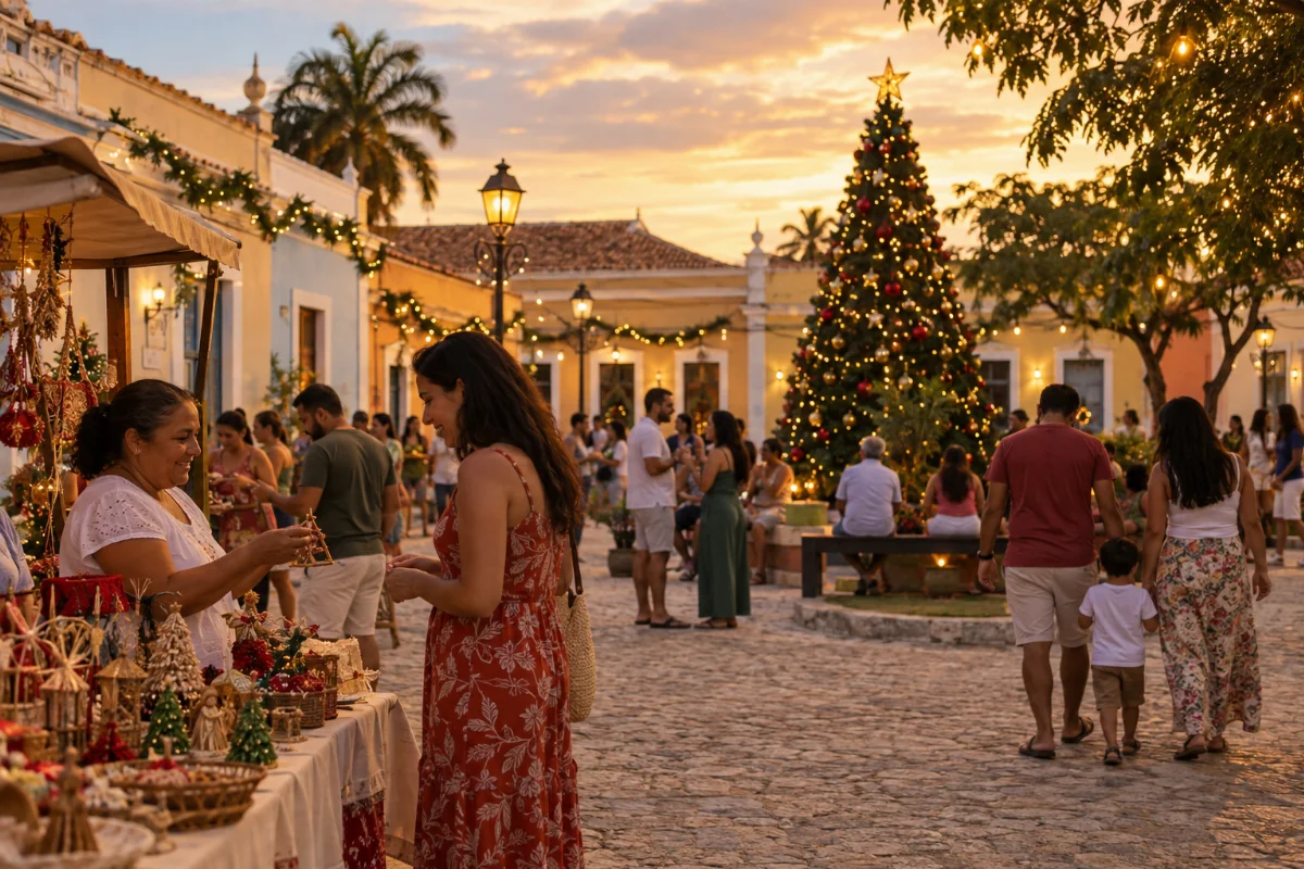 Ilustração por IA: Ilustração fotorrealista horizontal em formato 3:2, com famílias, artesanato e decoração natalina sob a luz do fim da tarde. A cena imaginada se inspira no contexto histórico da Cidade Baixa, sem representar um local exato ou documentar uma edição real do evento.