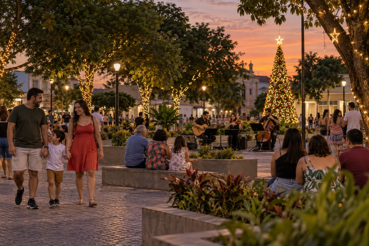 Ilustração por IA: Ilustração fotorrealista horizontal em formato 3:2, com famílias passeando por uma praça arborizada ao entardecer, luzes natalinas, árvore de Natal e músicos tocando ao ar livre. A cena é imaginária, inspirada no evento em Jales, sem representar um espaço específico ou registrar uma edição real.