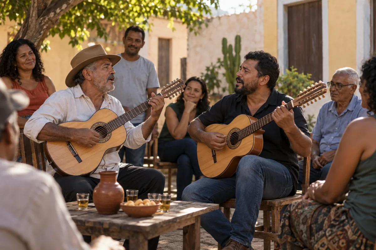 Ilustração por IA: Ilustração fotorrealista em formato horizontal 3:2, com dois violeiros cantando diante de um pequeno grupo em um pátio sob luz natural. A cena imaginada remete à cantoria em Icó, sem representar um local específico ou uma edição real do evento, e não contém texto ou marcas.