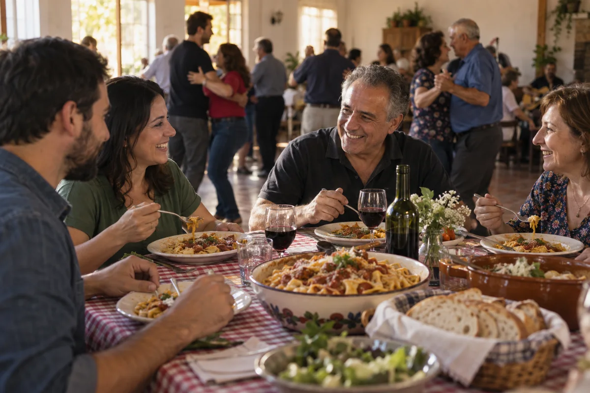 Ilustração por IA: Ilustração fotorealista em formato horizontal 3:2, com adultos compartilhando uma mesa de massas e pães, enquanto casais dançam ao fundo sob luz natural. Cena imaginada e gerada por IA, sem representar um local específico ou um registro da edição real, sem textos ou marcas.
