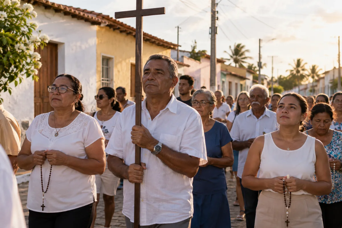 Ilustração por IA: Ilustração fotorealista em formato horizontal 3:2 de uma procissão comunitária, com adultos levando uma cruz de madeira e terços entre casas baixas, sob luz natural de fim de tarde. A cena é imaginada, inspirada na celebração de Camocim, sem representar um local exato ou uma edição real.