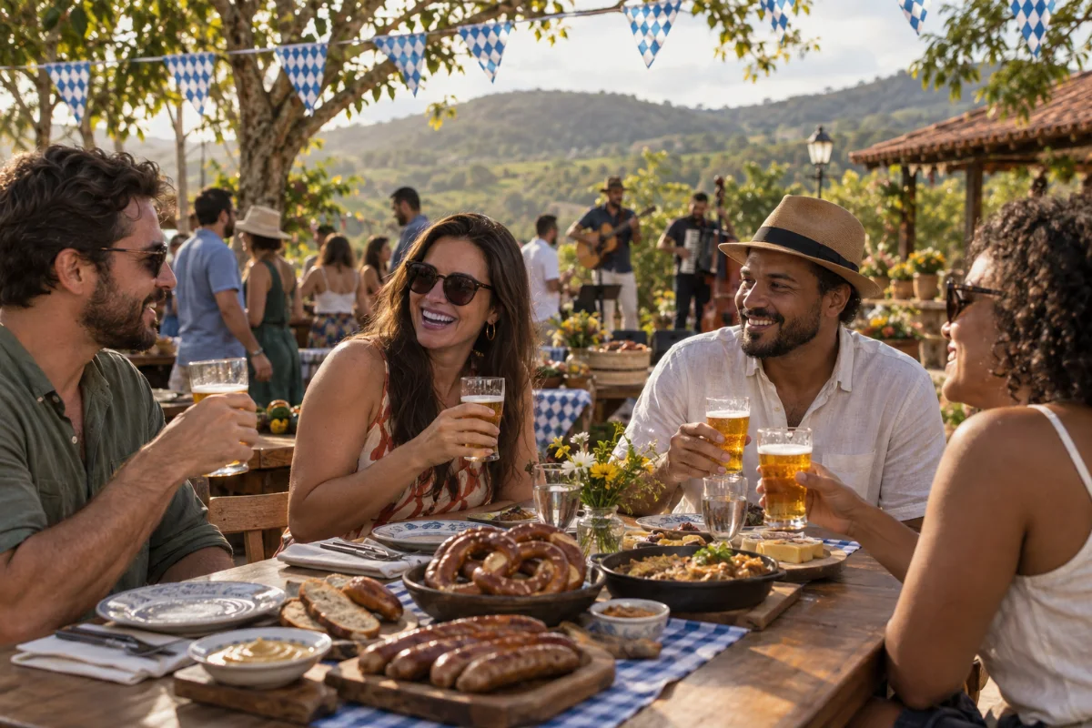 Ilustração por IA: Ilustração fotorealista horizontal em formato 3:2, gerada por IA, com adultos compartilhando uma mesa com alimentos e cervejas, decoração azul e branca e músicos ao fundo. A luz natural e as colinas verdes evocam a Serra de Gravatá em uma cena imaginada, sem representar um local específico ou um registro da edição.