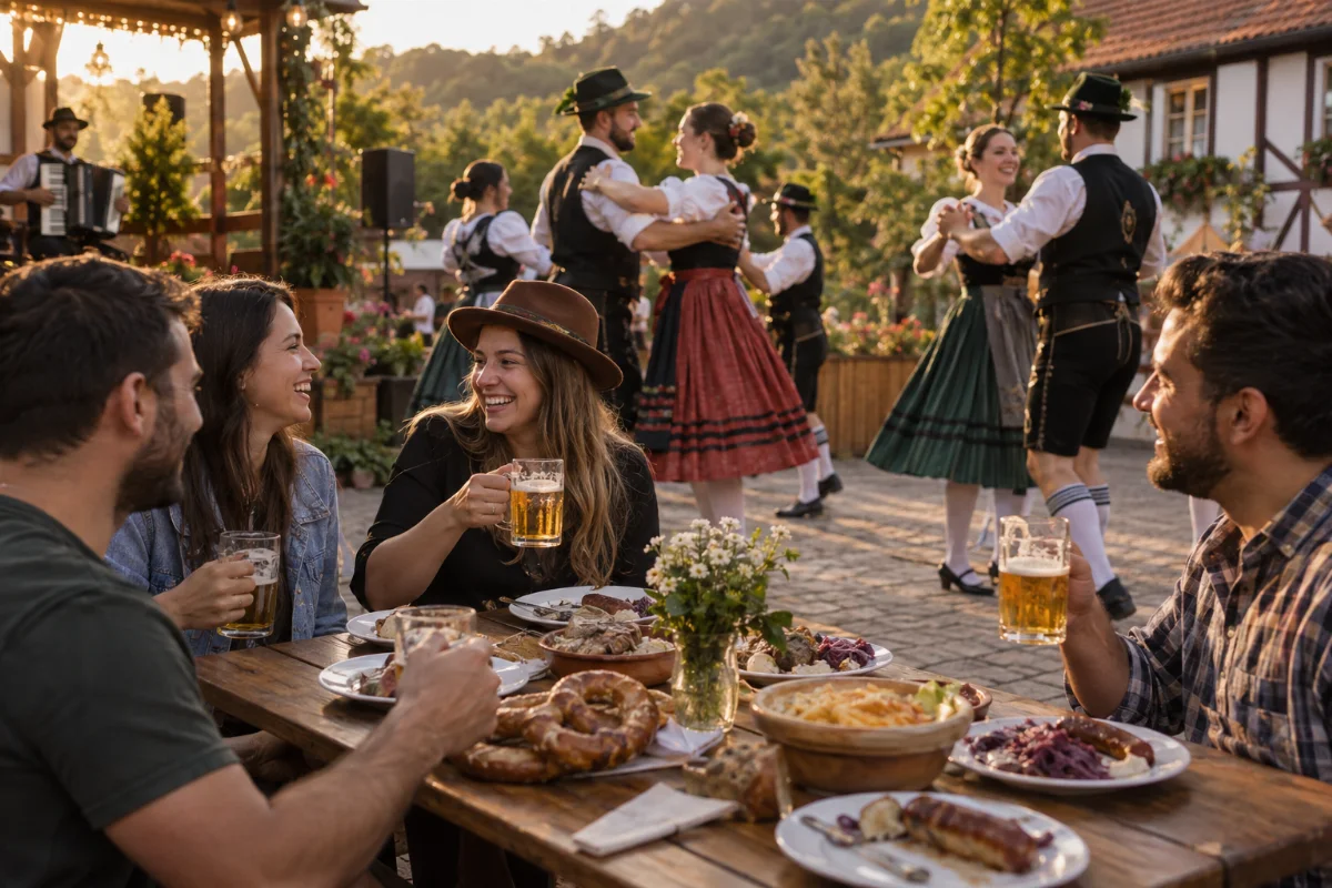 Ilustração por IA: Ilustração fotorrealista horizontal em proporção 3:2, com adultos reunidos à mesa, comidas e bebidas, dançarinos em trajes tradicionais e um acordeonista sob luz natural dourada. A cena imaginada evoca a celebração germânica em Blumenau, sem representar um local específico ou um registro da edição de 2026.