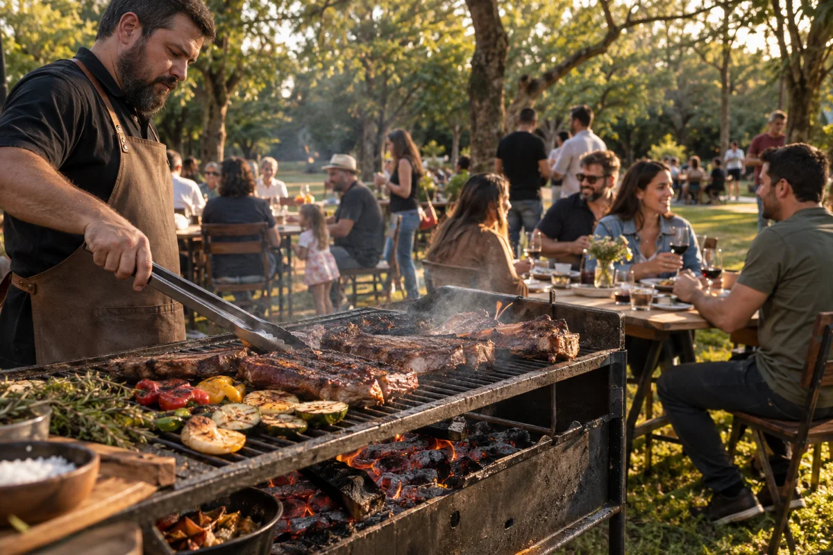 Ilustração por IA: Ilustração fotorrealista horizontal em formato 3:2, com um cozinheiro preparando carnes e legumes na parrilla e pessoas reunidas em mesas em uma área arborizada, sob luz natural. A cena é imaginada, sem representar o local exato ou uma edição real do evento, e não contém textos ou logotipos.