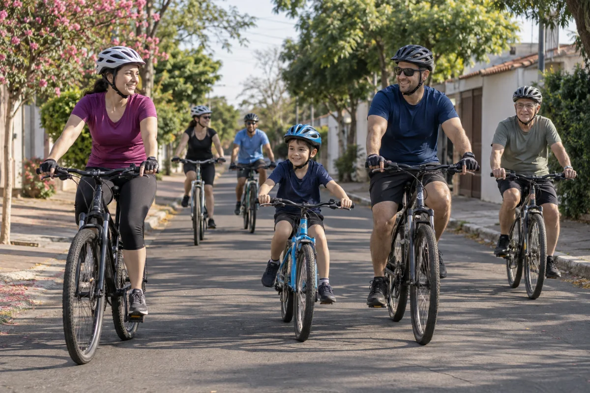 Ilustração por IA: Ilustração fotorrealista em formato horizontal 3:2, com adultos e uma criança usando capacetes durante um passeio de bicicleta por uma rua arborizada, sob luz natural. A cena imaginada remete ao interior paulista, sem identificar um local específico nem reproduzir uma edição real do evento.