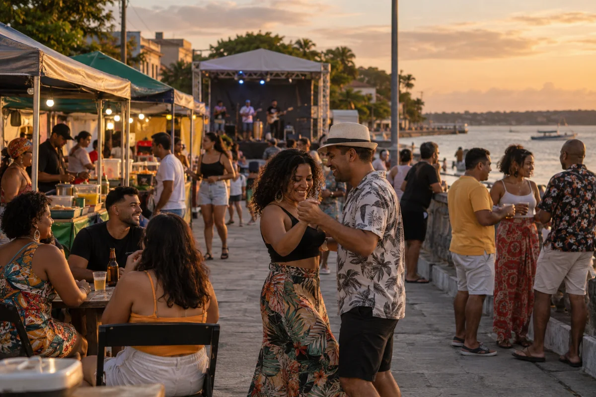 Ilustração por IA: Ilustração fotorealista horizontal em proporção 3:2, com pessoas dançando e conversando junto ao rio, barracas de alimentos e palco ao fundo, sob luz natural de fim de tarde. A cena é imaginada, sem representar um registro da edição real, e não contém textos ou logotipos.
