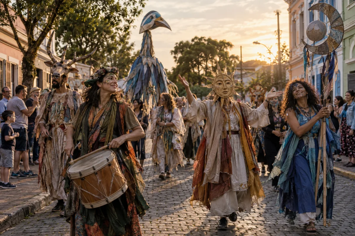 Ilustração por IA: Ilustração fotorealista horizontal em formato 3:2, com participantes usando figurinos e máscaras de criaturas imaginárias em uma rua, acompanhados pelo público sob luz natural de fim de tarde. A cena é uma interpretação artística gerada por IA, sem representar um local específico ou documentar uma edição real do evento.