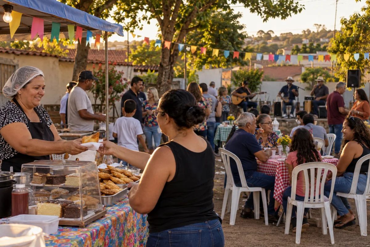 Ilustração por IA: Ilustração fotorealista em formato paisagem 3:2, com barraca de comidas, famílias reunidas à mesa e músicos ao fundo, sob luz natural de fim de tarde. A cena é imaginada, inspirada na quermesse, sem reproduzir um local exato ou uma edição real do evento e sem textos ou logotipos.