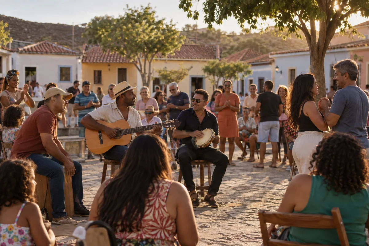 Ilustração por IA: Ilustração fotorealista horizontal em proporção 3:2, com músicos, pessoas assistindo e um casal dançando ao ar livre, sob luz natural de fim de tarde. As construções baixas compõem um cenário imaginado inspirado em Angicos, sem representar um local específico ou um registro da edição real.