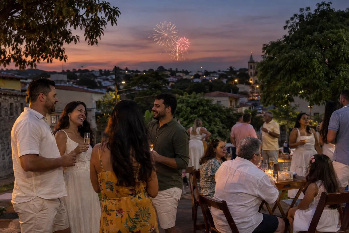 Ilustração por IA: Ilustração fotorealista horizontal em proporção 3:2, com pessoas reunidas ao ar livre ao entardecer, entre árvores e construções baixas, com fogos ao fundo. A cena imaginada evoca o interior paulista, sem representar um local específico ou um registro da edição real.