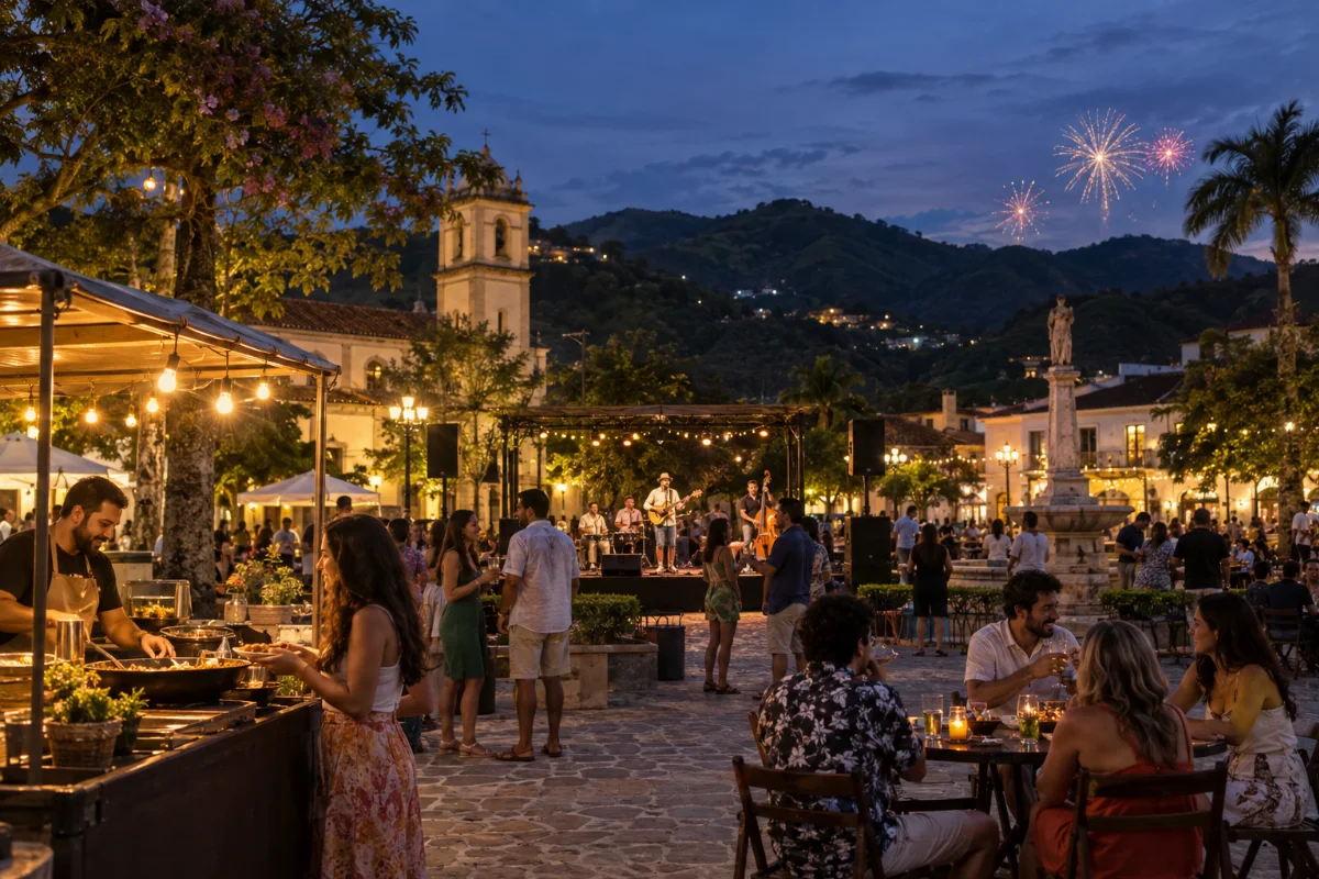 Ilustração por IA: Ilustração fotorealista horizontal em formato 3:2, com pessoas em uma praça fictícia ao anoitecer, música ao vivo, gastronomia, iluminação festiva e fogos sobre montanhas. A cena é inspirada na celebração, sem reproduzir um local exato ou registrar uma edição real do evento.