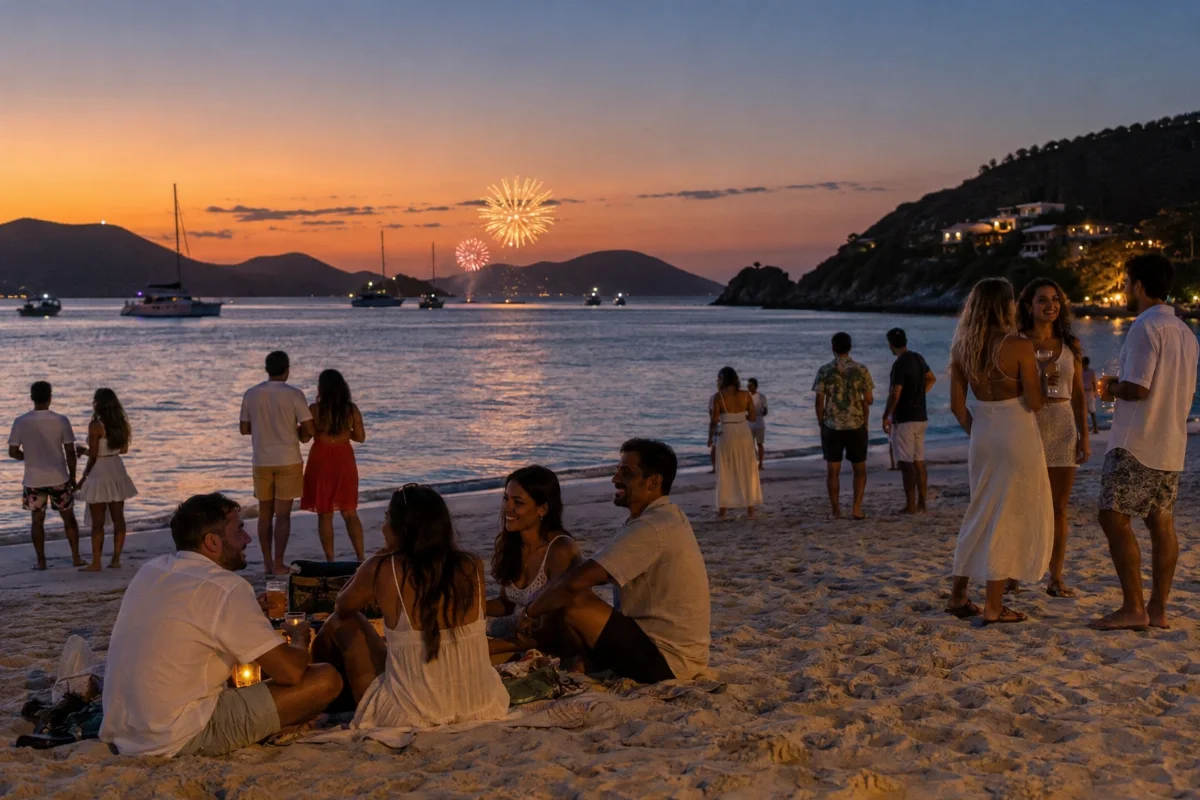 Ilustração por IA: Ilustração fotorrealista horizontal em formato 3:2, com grupos confraternizando na areia ao entardecer, mar tranquilo, morros ao fundo e fogos distantes. Cena imaginada inspirada no litoral de Arraial do Cabo, sem representar um local exato ou uma edição real do evento, sem textos ou marcas.