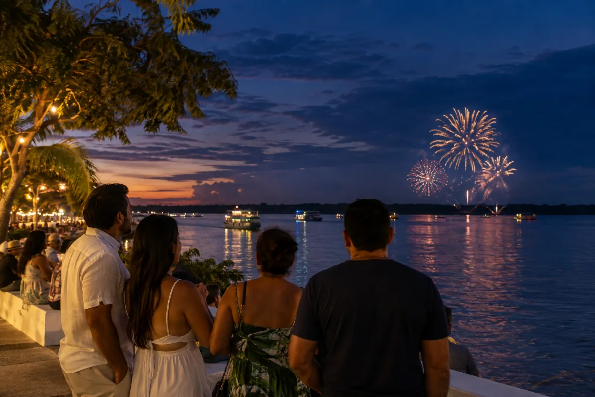 Ilustração por IA: Ilustração fotorrealista horizontal em formato 3:2, com pessoas à beira-rio observando fogos distantes refletidos na água, sob a luz do crepúsculo. A cena imaginada inspira-se na celebração em Parintins, sem reproduzir um local exato ou uma edição real, e não contém textos ou logotipos.