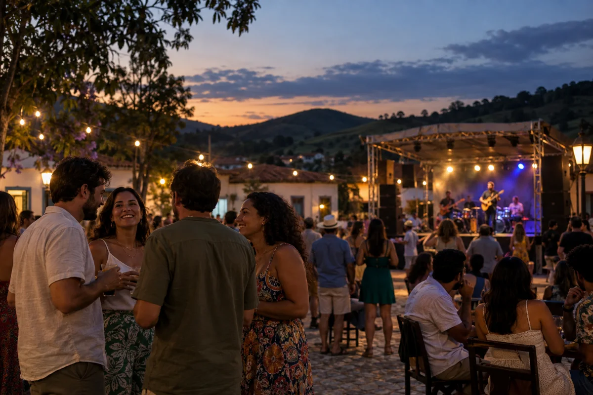 Ilustração por IA: Ilustração fotorealista horizontal em formato 3:2, com pessoas reunidas ao entardecer e músicos em um palco ao fundo, entre construções baixas e colinas. A cena é fictícia, inspirada na celebração, sem representar um local específico ou registrar uma edição real.