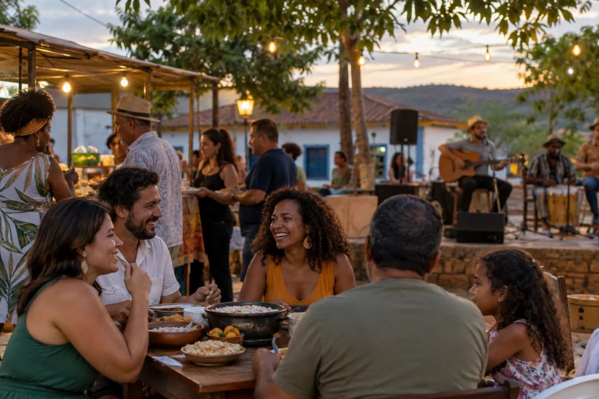 Ilustração por IA: Ilustração fotorealista em formato horizontal 3:2, gerada por IA, com famílias e amigos compartilhando uma mesa ao ar livre, barracas de comida e músicos ao fundo sob a luz do entardecer. A cena é imaginada, sem representar um local específico ou uma edição real do evento, e não contém textos ou marcas.