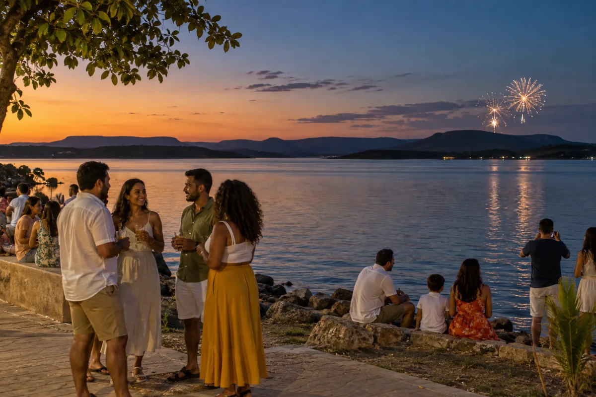 Ilustração por IA: Ilustração fotorrealista horizontal em formato 3:2, com famílias e amigos confraternizando à beira do lago ao entardecer, colinas ao fundo e fogos distantes refletidos na água. Cena imaginada inspirada no evento, sem representar uma edição real e sem textos ou logotipos.