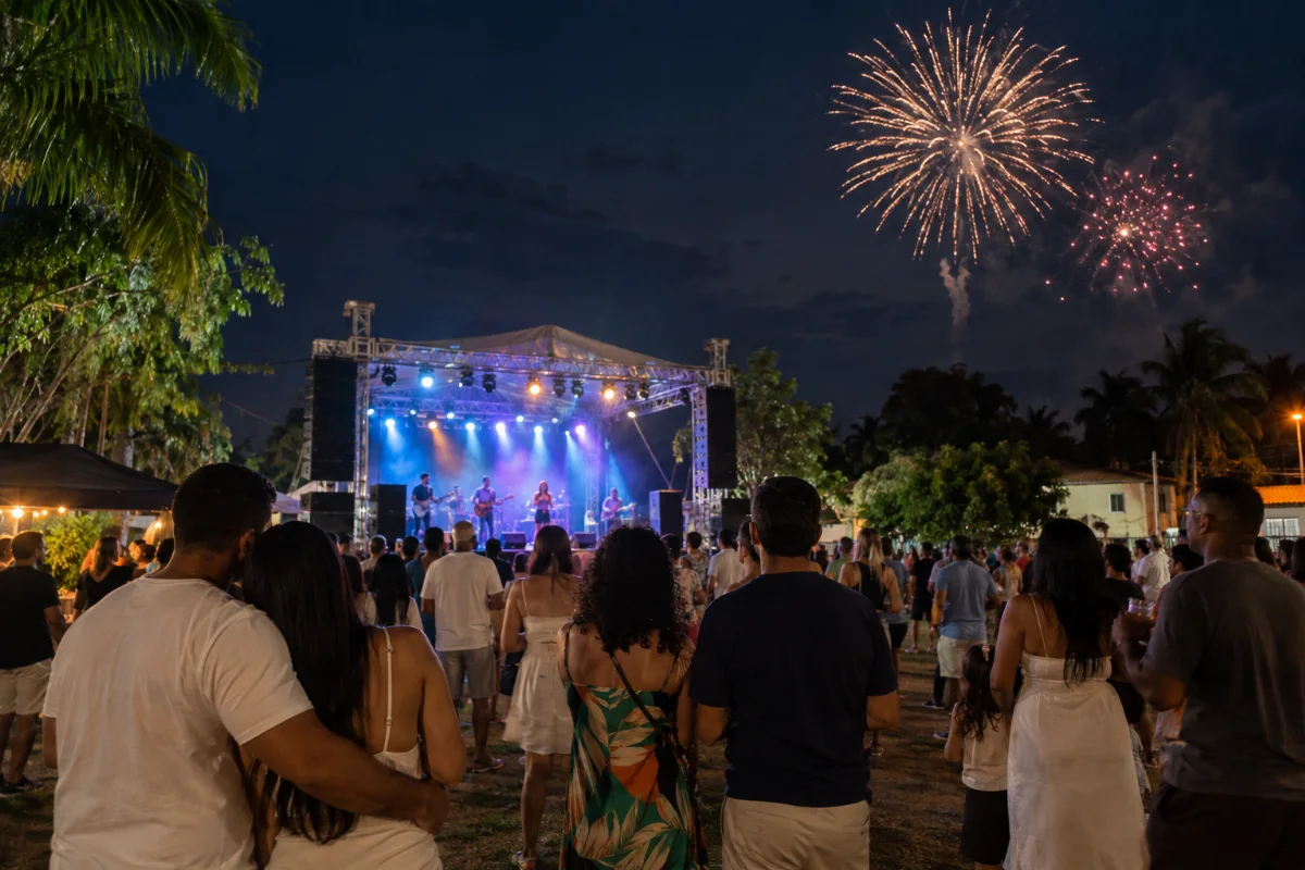 Ilustração por IA: Ilustração fotorrealista em formato horizontal 3:2, com público acompanhando músicos em um palco iluminado e fogos no céu noturno. A cena imaginada inclui vegetação e construções baixas, sem identificar um local específico nem reproduzir uma edição real do evento.