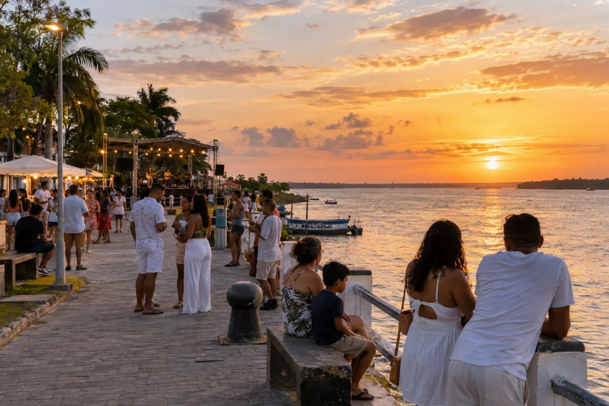 Ilustração por IA: Ilustração fotorealista em formato paisagem 3:2, gerada por IA, com famílias e visitantes à beira de um rio ao pôr do sol, palco musical e barracas. A cena é inspirada na celebração na orla do Rio Caeté, sem reproduzir um local exato ou uma edição real.
