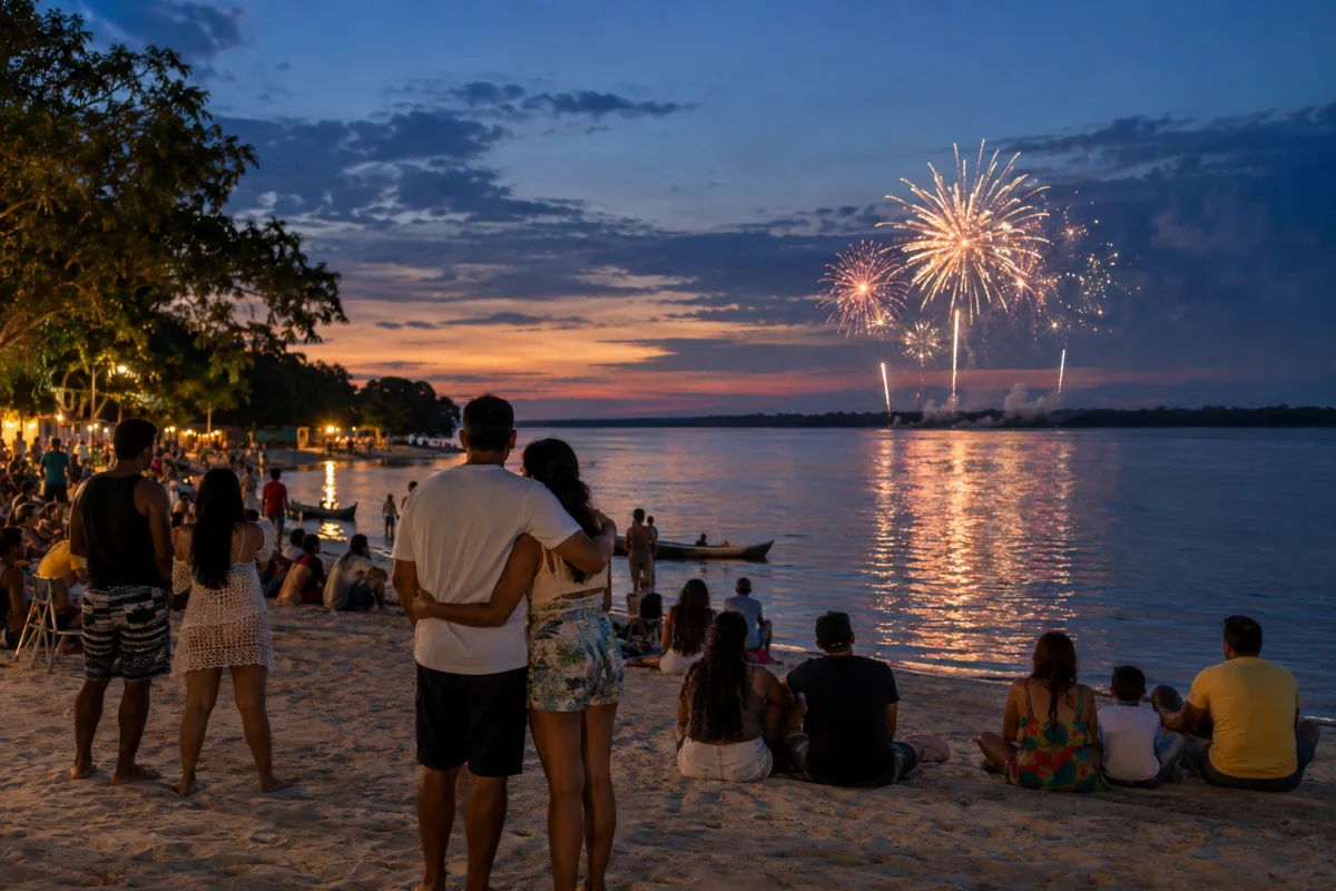 Ilustração por IA: Ilustração fotorealista horizontal em formato 3:2, com famílias e grupos na areia de uma praia fluvial ao anoitecer, observando fogos refletidos na água. A cena é imaginada e gerada por IA, sem representar uma edição específica do evento e sem textos ou marcas.