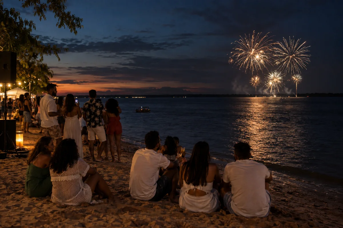Ilustração por IA: Ilustração fotorrealista em formato horizontal 3:2, com grupos de pessoas na areia observando fogos sobre a água e reflexos dourados ao anoitecer. Cena imaginada inspirada nas celebrações de Barcarena, sem reproduzir um local exato ou uma edição real, sem textos ou marcas.