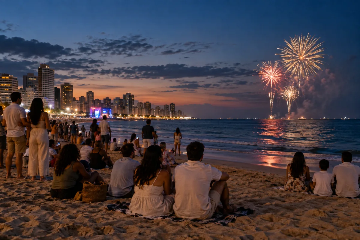 Ilustração por IA: Ilustração fotorealista horizontal em formato 3:2, com pessoas na areia observando fogos sobre o mar ao entardecer e luzes da orla ao fundo. Cena imaginada inspirada em Fortaleza, sem representar uma edição específica do evento e sem textos ou logotipos.