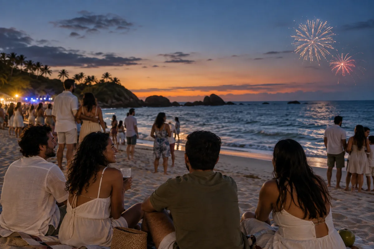 Ilustração por IA: Ilustração fotorrealista horizontal em formato 3:2, com grupos de pessoas na areia ao entardecer, mar, vegetação costeira e fogos no céu. Cena original gerada por IA, inspirada na celebração, sem retratar uma edição ou um local exato do evento e sem textos ou marcas.