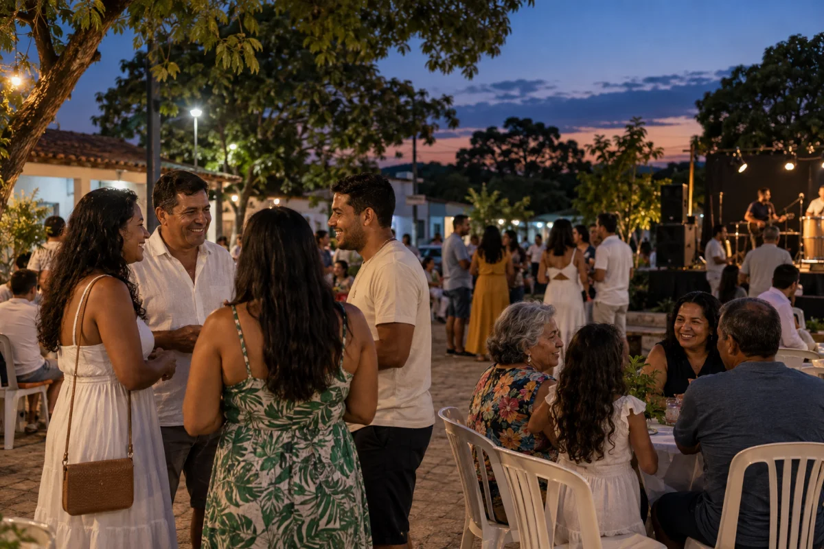 Ilustração por IA: Ilustração fotorrealista horizontal em formato 3:2, com famílias e amigos reunidos ao ar livre ao entardecer, árvores, construções baixas e músicos ao fundo. A cena imaginada, gerada por IA, inspira-se na confraternização do Réveillon de Tabaporã sem retratar um local específico ou uma edição real, e não contém textos ou logotipos.