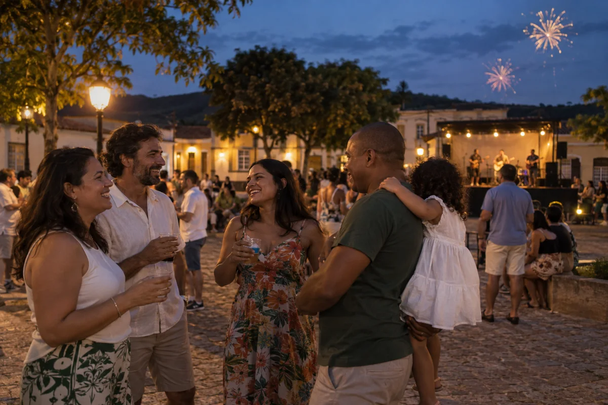 Ilustração por IA: Ilustração fotorrealista horizontal em formato 3:2, com famílias e amigos confraternizando em uma praça imaginada do interior mineiro, sob a luz do entardecer. Música ao vivo e fogos distantes compõem o cenário, sem reproduzir o local ou uma edição real do evento e sem textos ou logotipos.