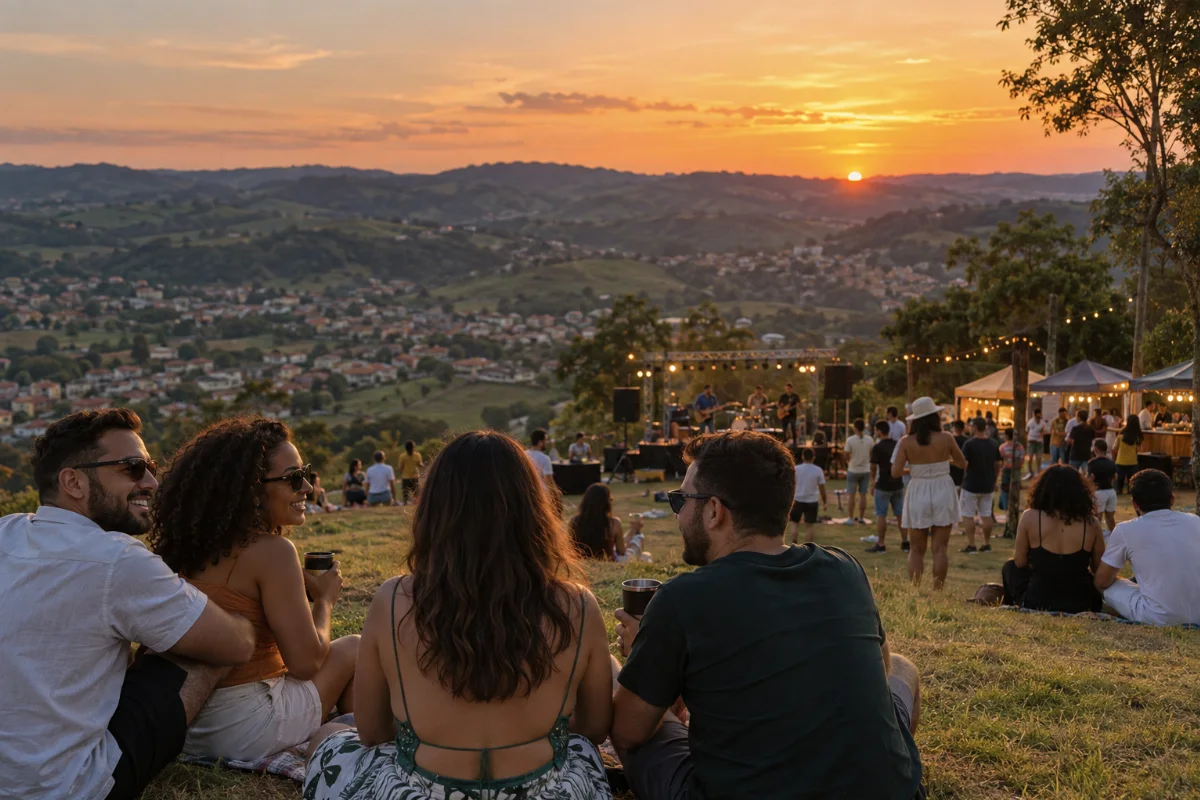Ilustração por IA: Ilustração fotorealista em formato horizontal 3:2, com amigos ao pôr do sol em uma encosta, música ao vivo e barracas de alimentação, cercados por colinas e uma paisagem urbana ao fundo. Cena imaginada inspirada na celebração, sem reproduzir o local exato ou uma edição real, sem textos ou marcas.