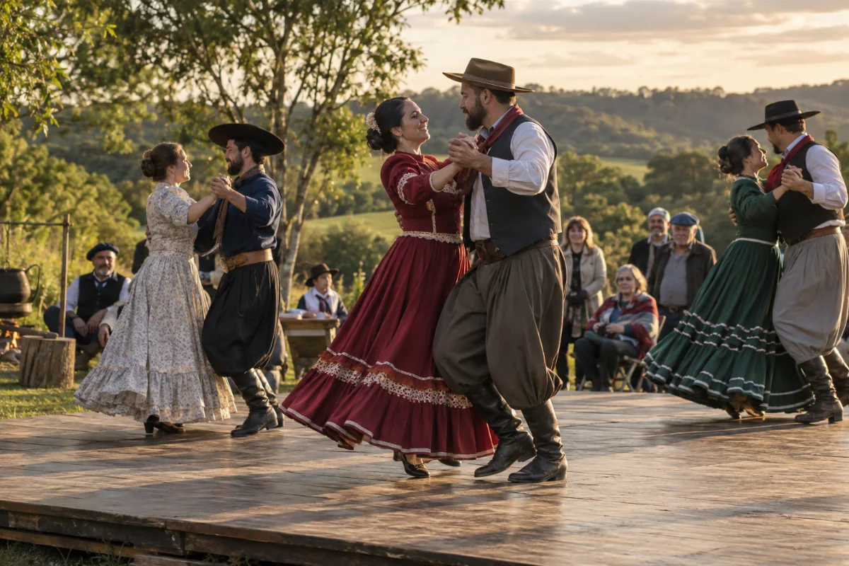Ilustração por IA: Ilustração fotorealista horizontal em 3:2, com casais em trajes tradicionais dançando sobre um tablado ao ar livre, acompanhados por espectadores, sob luz natural de fim de tarde. A paisagem verde representa um cenário imaginado do sul do Brasil, sem reproduzir um local específico ou uma edição real do evento.