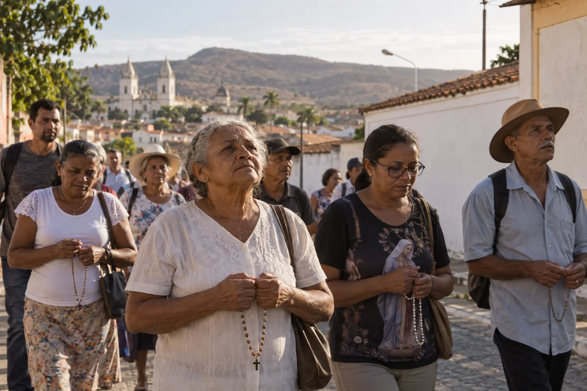 Ilustração por IA: Ilustração fotorealista em formato horizontal 3:2, com peregrinos adultos e idosos segurando terços em uma rua sob luz natural. Casas, uma igreja distante e morros compõem o cenário imaginado, inspirado em Juazeiro do Norte, sem representar um local exato ou uma edição específica do evento.