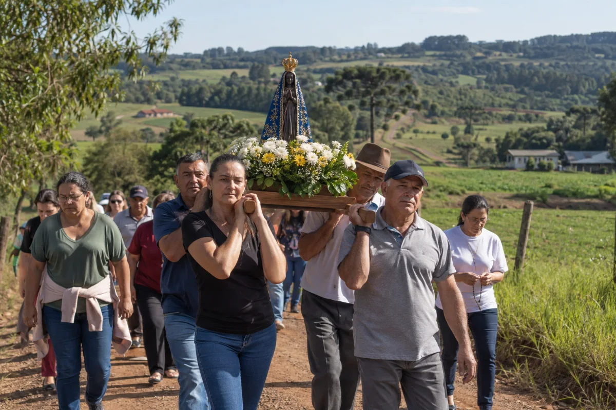Ilustração por IA: Ilustração fotorealista em formato horizontal 3:2, com devotos carregando uma imagem de Nossa Senhora Aparecida por um caminho rural, entre campos e colinas sob luz natural. O cenário é inspirado na região, sem representar um local exato ou uma edição real do evento.