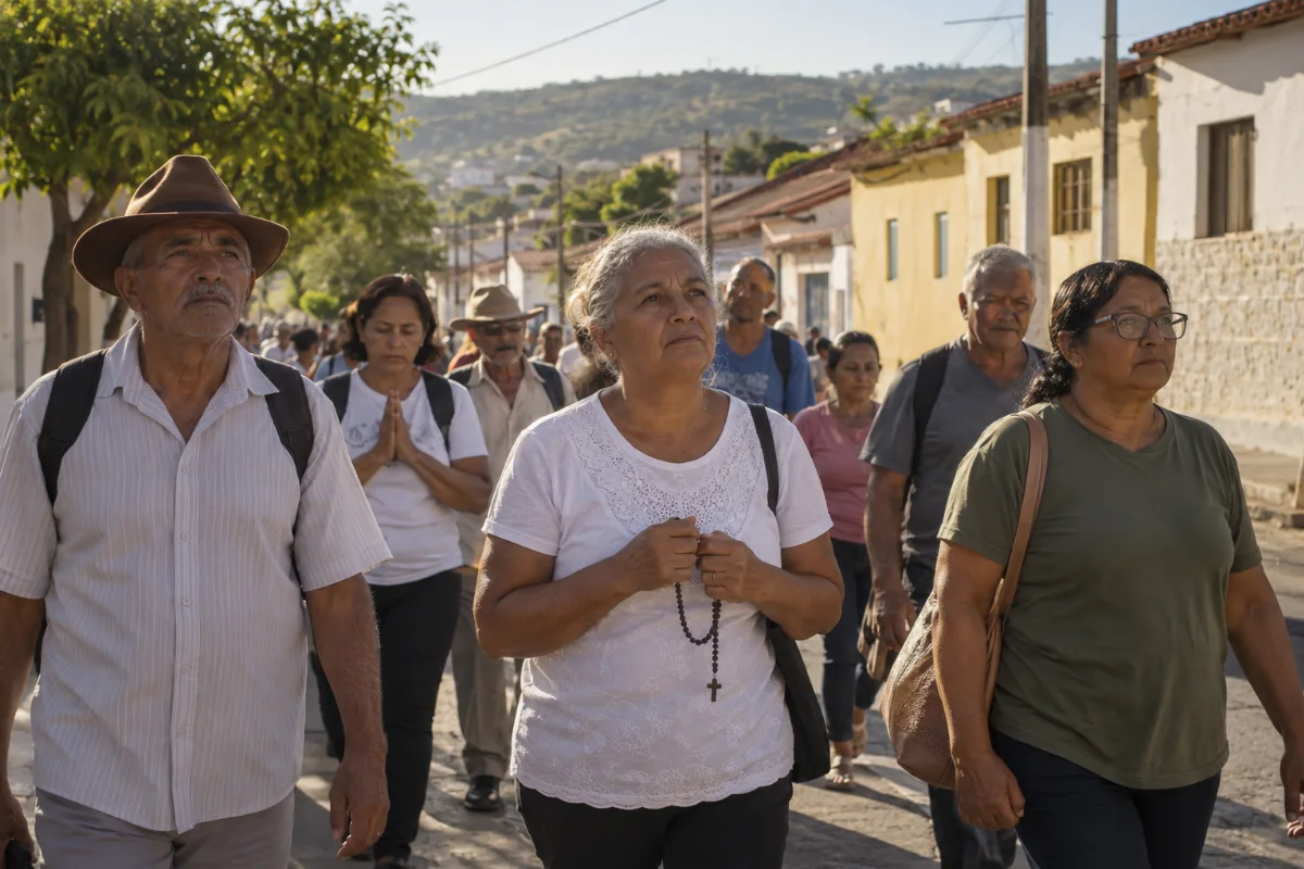Ilustração por IA: Ilustração fotorrealista horizontal em formato 3:2, com peregrinos caminhando por uma rua de casas simples sob luz natural. Uma mulher segura um terço, em cena imaginada inspirada na devoção em Juazeiro do Norte, sem representar uma edição ou local específico.