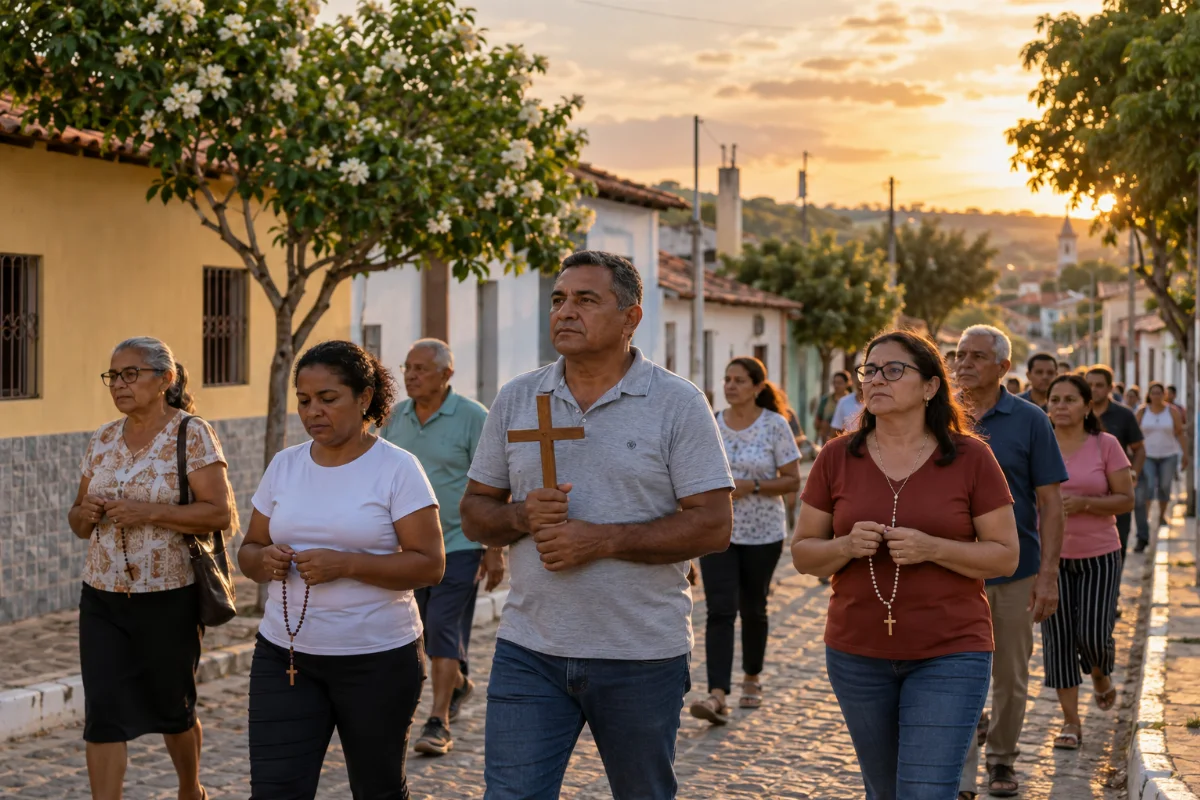 Ilustração por IA: Ilustração fotorealista gerada por IA, em formato horizontal 3:2, com fiéis caminhando entre casas e árvores sob luz de fim de tarde. Uma cruz de madeira e terços acompanham a cena imaginada, inspirada na romaria, sem representar uma edição real ou um local exato.