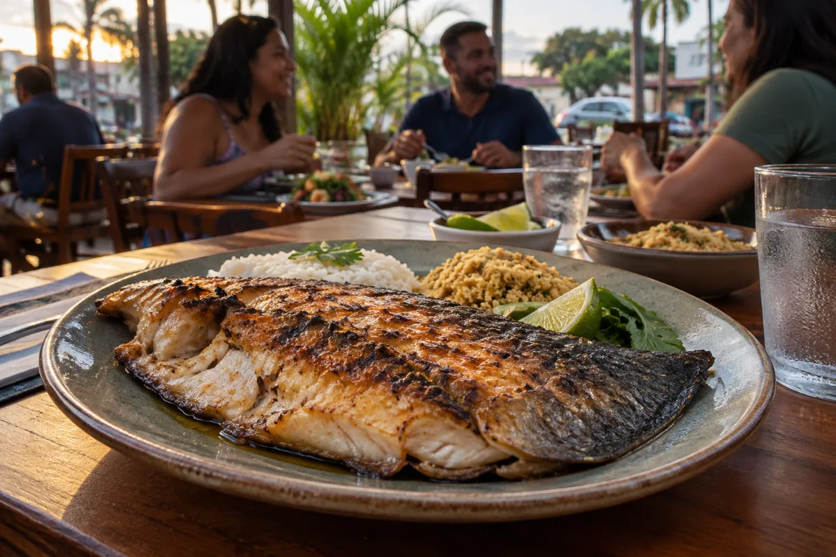 Ilustração por IA: Ilustração fotorealista em formato horizontal 3:2, com tambaqui grelhado, arroz, farofa e limão em primeiro plano. Pessoas compartilham uma refeição ao fundo, em ambiente de restaurante sob luz natural. A cena é imaginada, sem representar um estabelecimento específico ou registrar a edição real do evento.