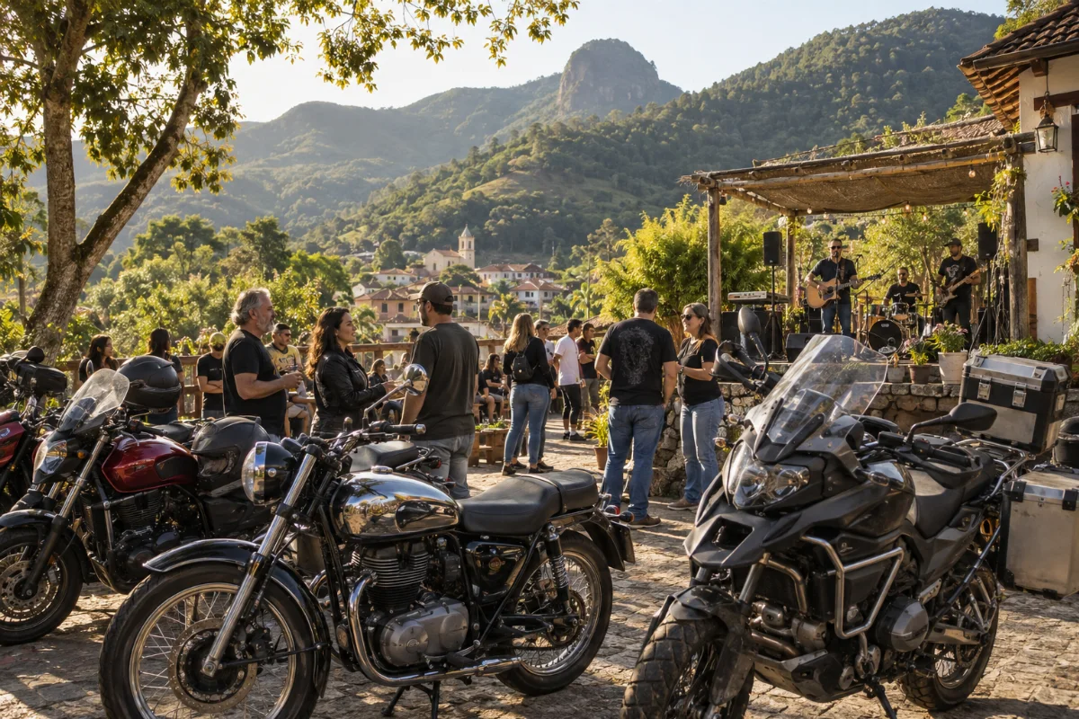 Ilustração por IA: Ilustração fotorealista em formato horizontal 3:2, com motocicletas estacionadas, adultos conversando e músicos ao ar livre, sob luz natural e com montanhas arborizadas ao fundo. A cena é imaginada e gerada por IA, sem representar o local ou uma edição real do evento.
