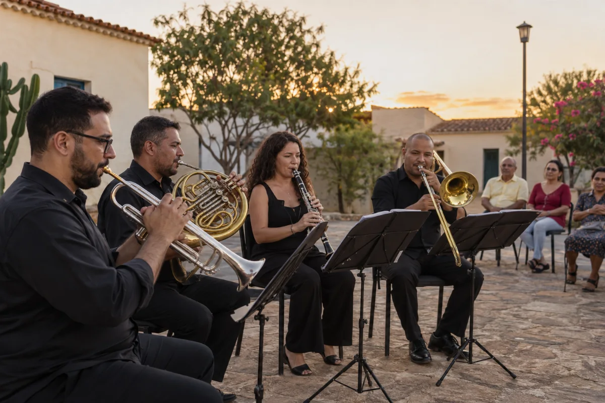Ilustração por IA: Ilustração fotorrealista gerada por IA, em formato horizontal 3:2, com músicos tocando instrumentos de sopro e pessoas acompanhando a apresentação em um pátio ao ar livre, sob luz natural de fim de tarde. O cenário é imaginado, inspirado no contexto do evento, sem representar um local específico ou uma edição real.