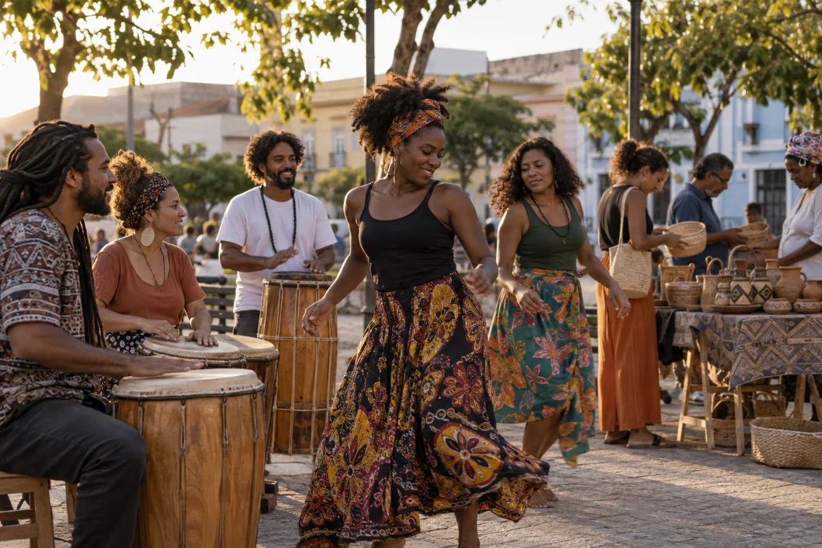 Ilustração por IA: Ilustração fotorealista horizontal em proporção 3:2, com adultos dançando e tocando tambores junto a uma banca de artesanato, em uma praça sob luz natural. A cena é imaginada, inspirada nas atividades descritas, sem representar um local específico ou um registro da edição real.