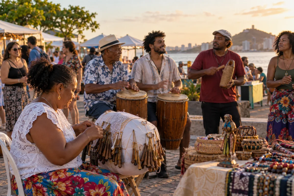 Ilustração por IA: Ilustração fotorrealista horizontal em formato 3:2, com músicos tocando percussão, uma artesã trabalhando renda de bilro e peças de artesanato, sob luz natural de fim de tarde. A cena imaginada à beira d’água é inspirada em Vila Velha e não documenta uma edição real do evento.