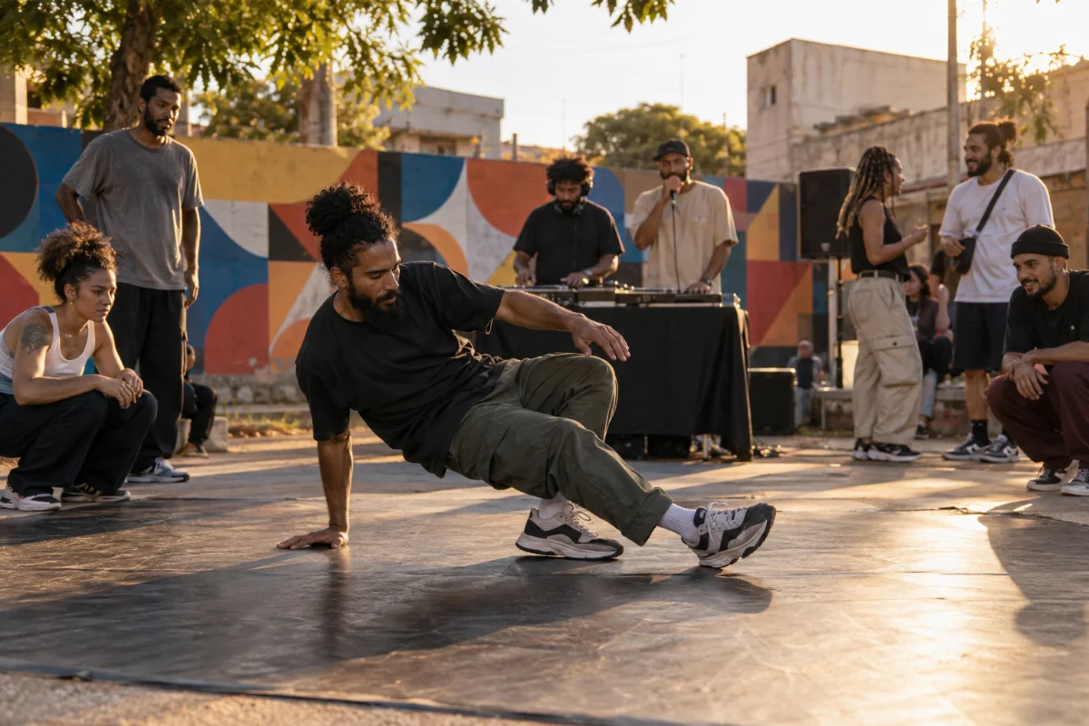 Ilustração por IA: Ilustração fotorrealista em formato horizontal 3:2, com dançarino de breaking, DJ, participante ao microfone e pessoas reunidas diante de um mural abstrato, sob luz natural. A cena imaginada se inspira no contexto urbano de Bauru, sem retratar um local específico ou uma edição real do evento.