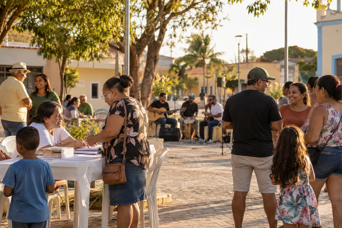 Ilustração por IA: Ilustração fotorrealista horizontal em formato 3:2, com moradores reunidos em um espaço urbano arborizado, atendimento comunitário e músicos ao fundo, sob luz natural de fim de tarde. A cena é imaginária, gerada por IA, sem representar um local específico ou uma edição real do evento.