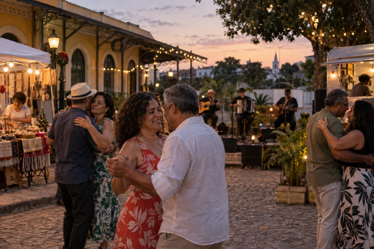Ilustração por IA: Ilustração fotorealista em formato horizontal 3:2, com casais dançando ao entardecer, músicos ao fundo, barraca de artesanato e food truck sob luzes natalinas. A cena gerada por IA apresenta arquitetura ferroviária genérica, sem reproduzir o local exato ou uma edição real do evento.