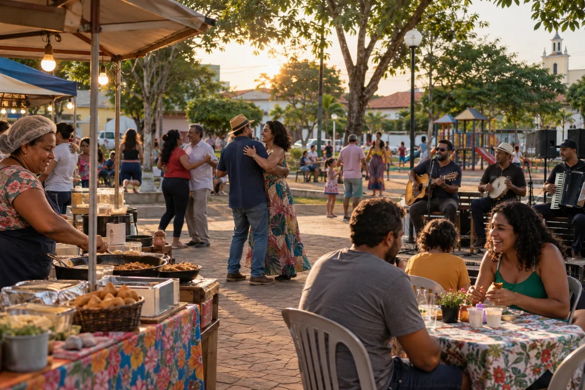 Ilustração por IA: Ilustração fotorealista em formato horizontal 3:2, com barracas de comida, pessoas dançando, músicos e famílias em uma praça sob luz natural dourada. A cena é imaginada e gerada por IA, sem representar o local exato ou um registro da edição real.